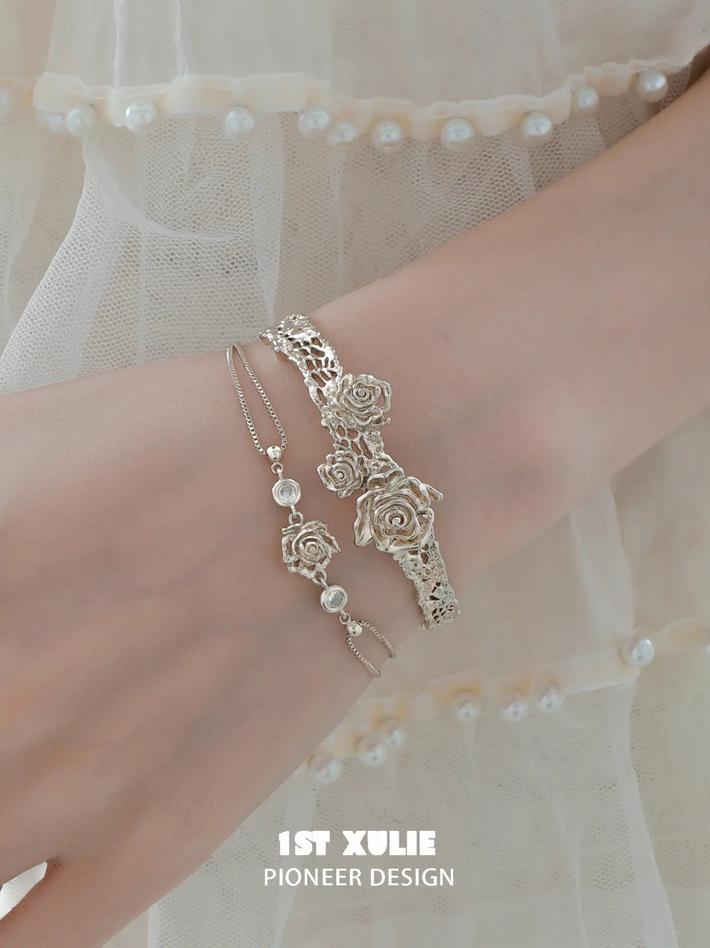 "Lace Rose" Light Gold Plated Victorian Floral Zirconia Bracelet - Image 12
