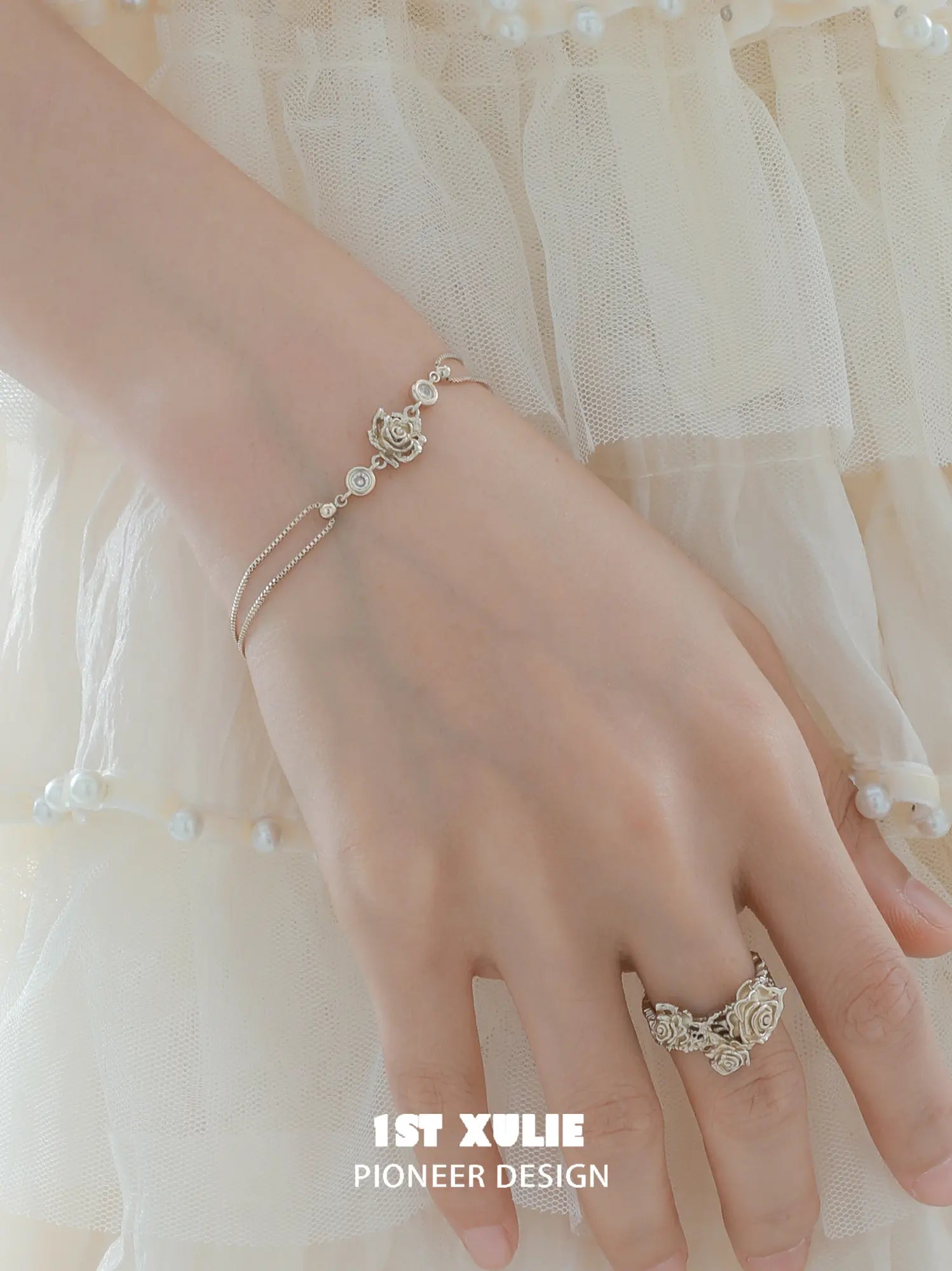 "Lace Rose" Light Gold Plated Victorian Floral Zirconia Bracelet - Image 11