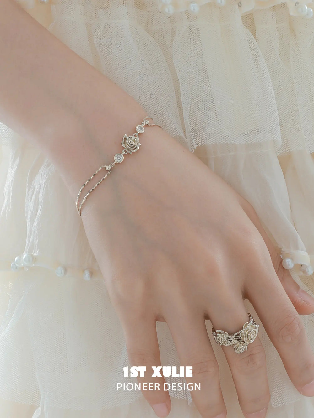 "Lace Rose" Light Gold Plated Victorian Floral Zirconia Bracelet - Image 11