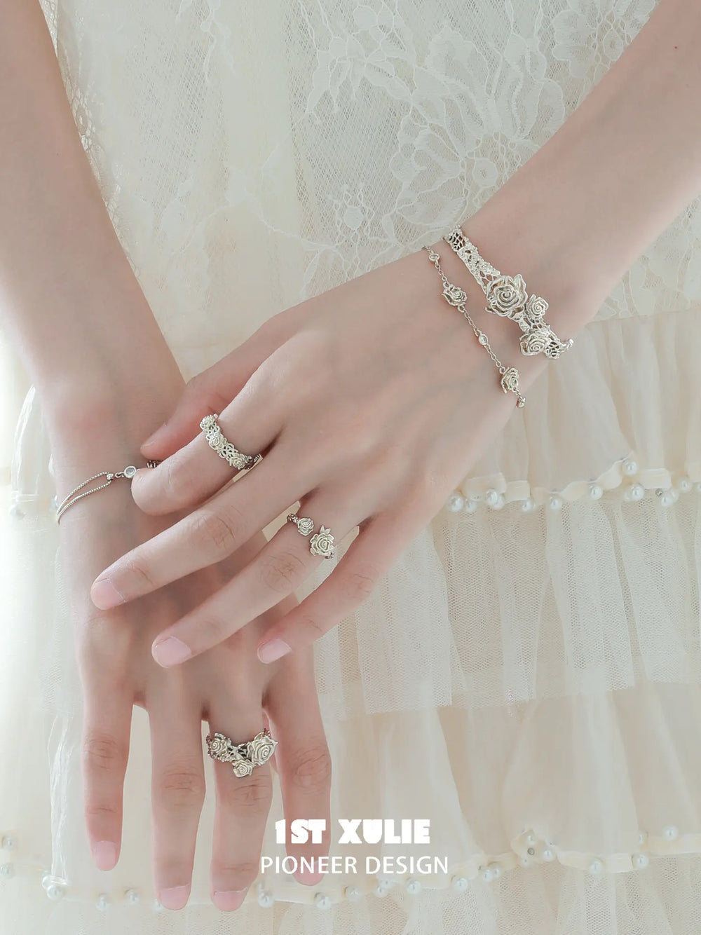 "Lace Rose" Light Gold Plated Victorian Floral Zirconia Bracelet - Image 13