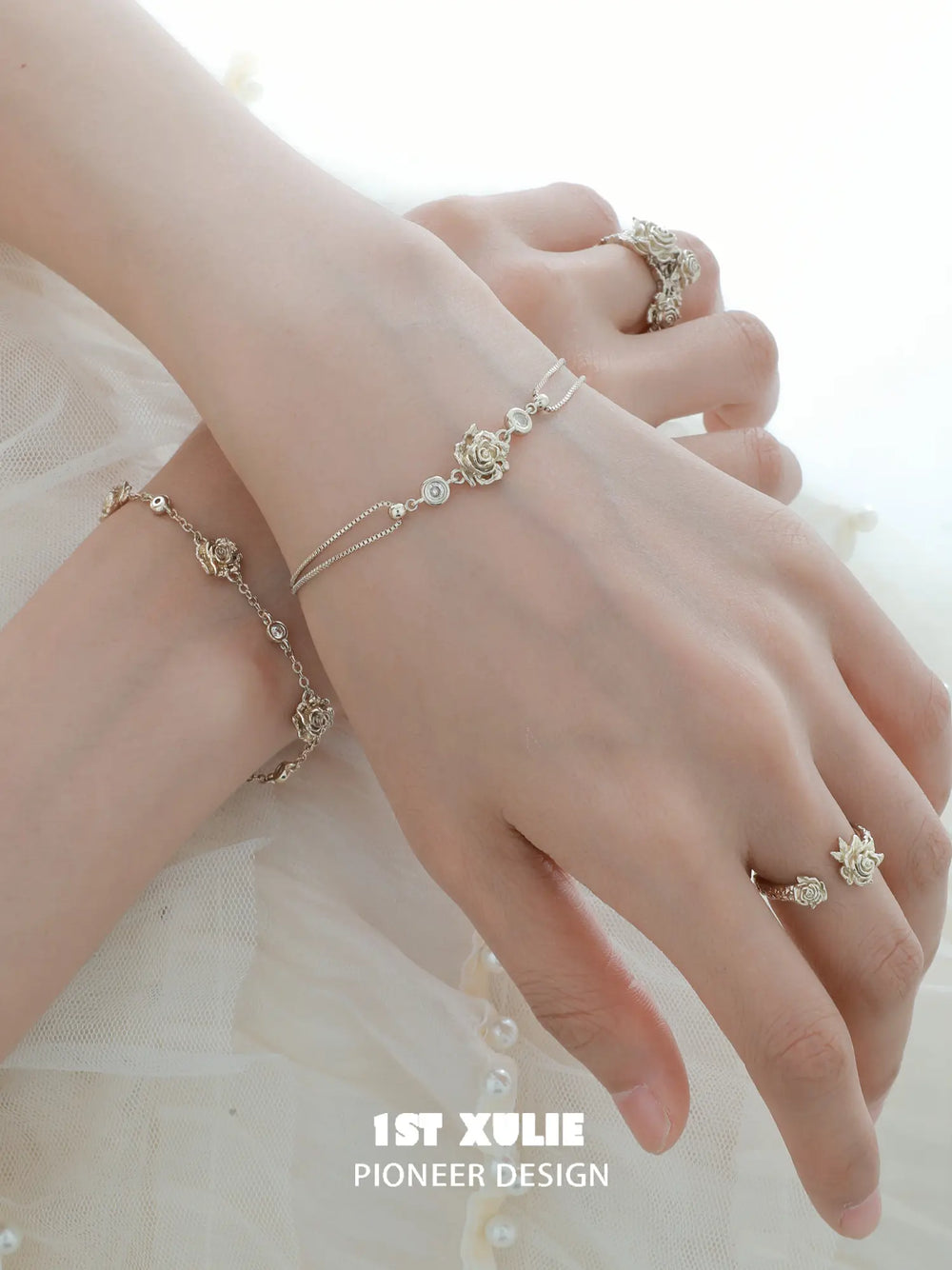 "Lace Rose" Light Gold Plated Victorian Floral Zirconia Bracelet - Image 15