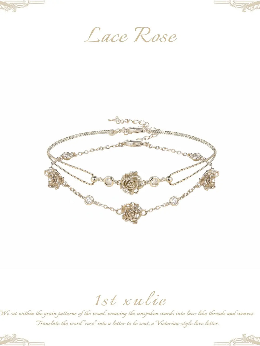 1ST XULIE Jewelry "Lace Rose" Victorian Floral Zirconia Bracelet in Light Gold - Detail Shot