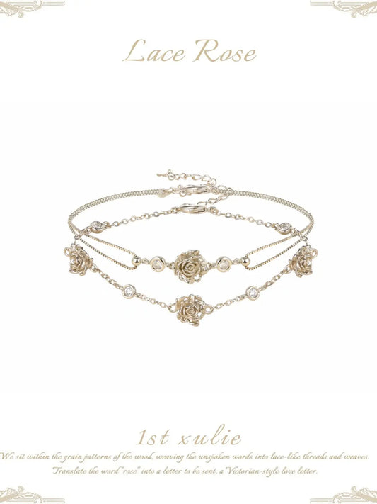 1ST XULIE Jewelry "Lace Rose" Victorian Floral Zirconia Bracelet in Light Gold - Detail Shot