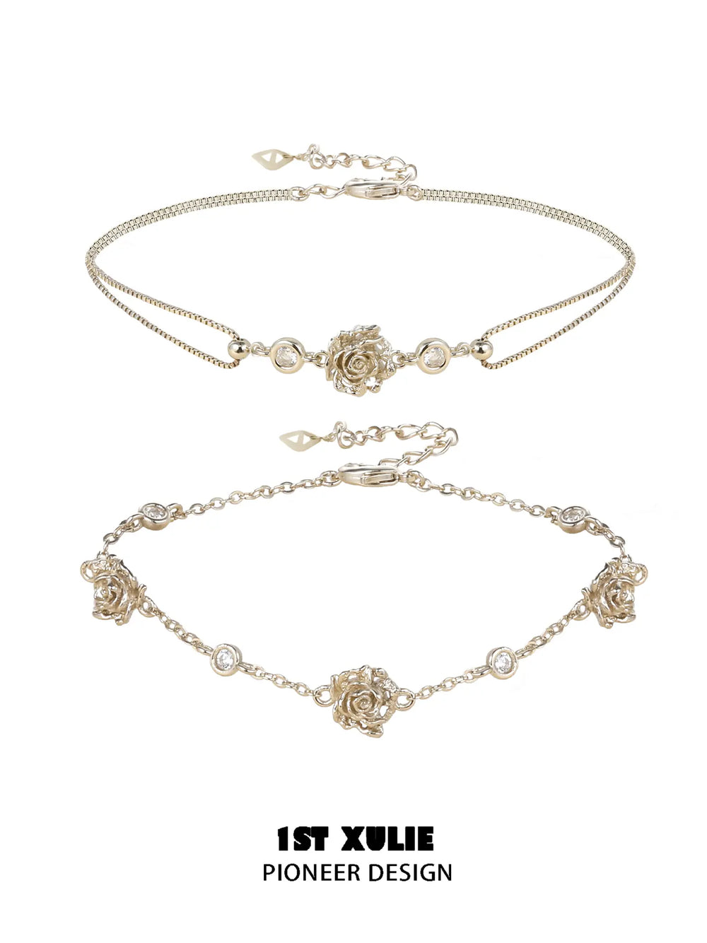 1ST XULIE Jewelry "Lace Rose" Victorian Floral Zirconia Bracelet in Light Gold - Detail Shot