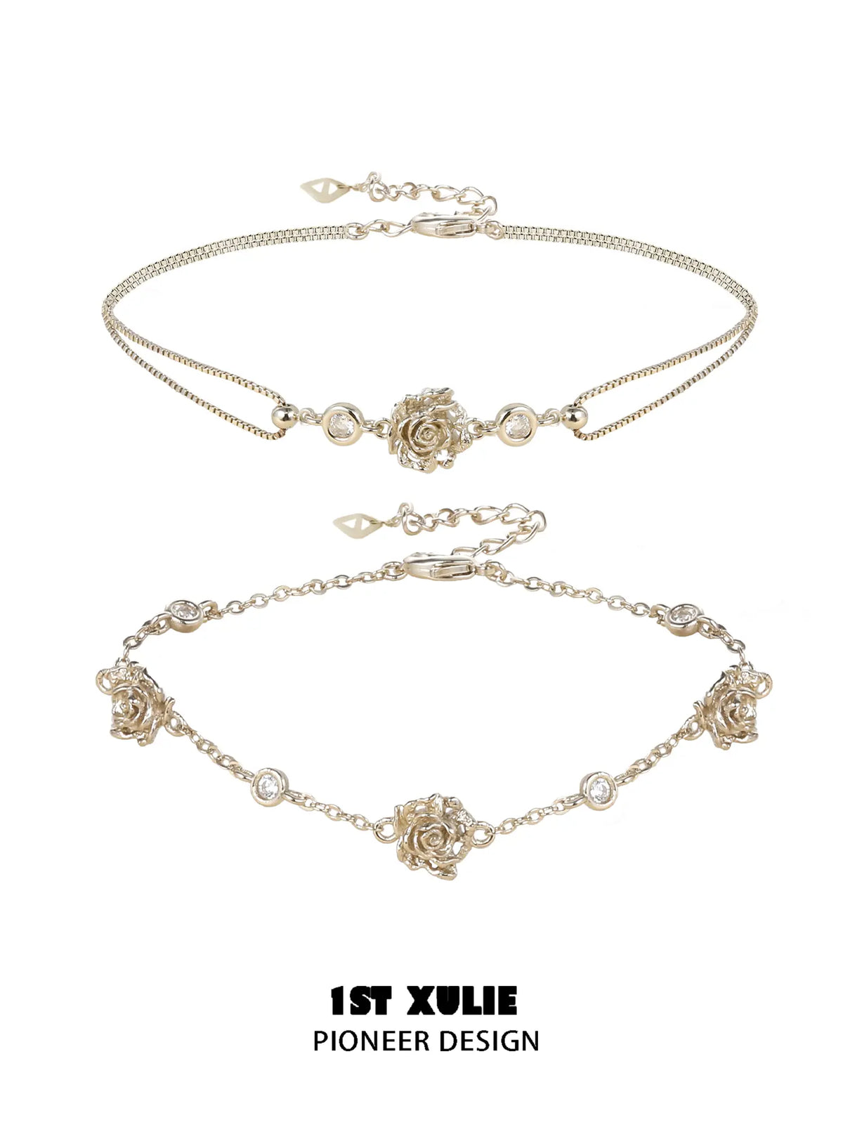 1ST XULIE Jewelry "Lace Rose" Victorian Floral Zirconia Bracelet in Light Gold - Detail Shot