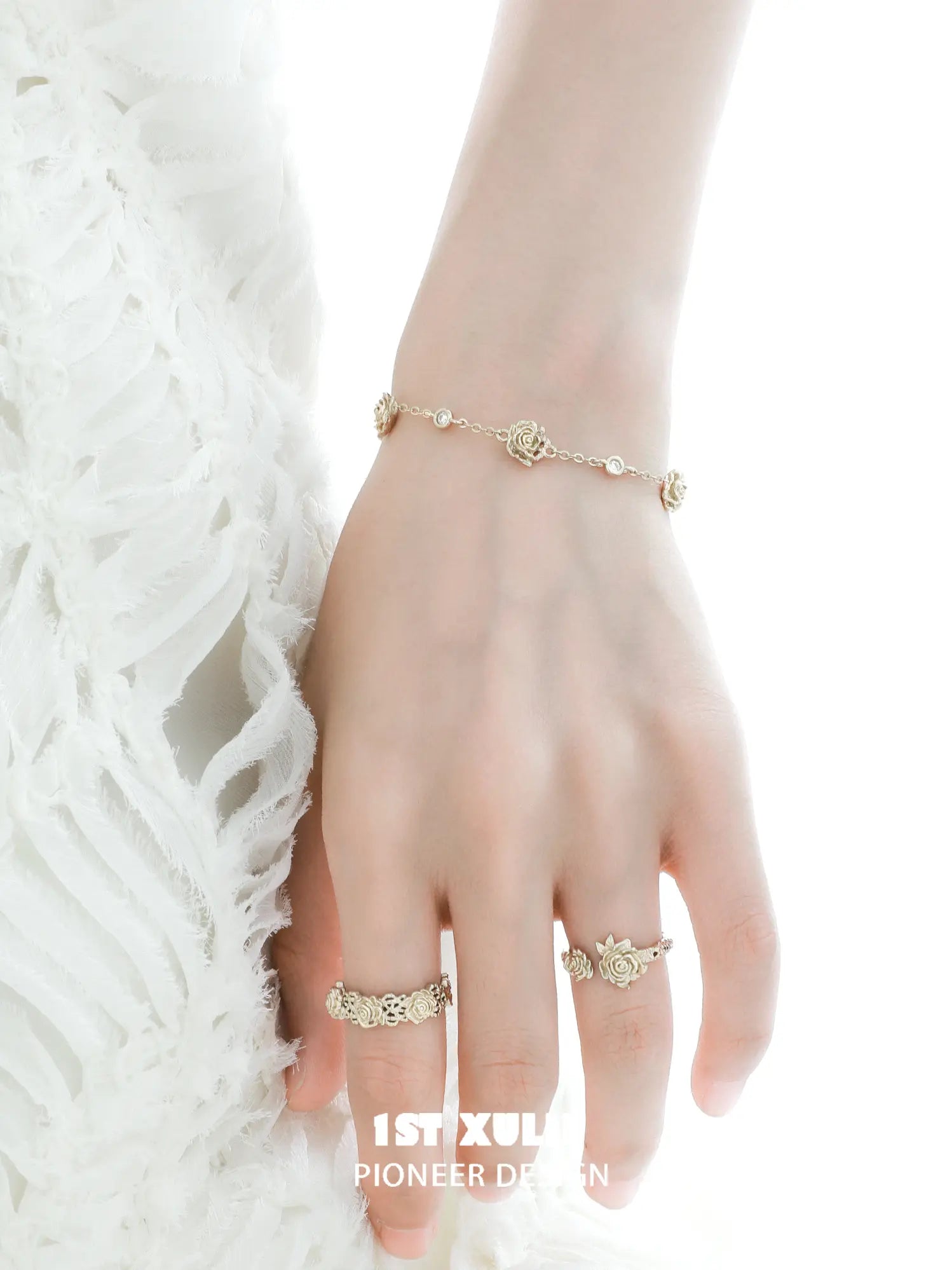 1ST XULIE Jewelry "Lace Rose" Victorian Floral Zirconia Bracelet in Light Gold - Lifestyle Shot