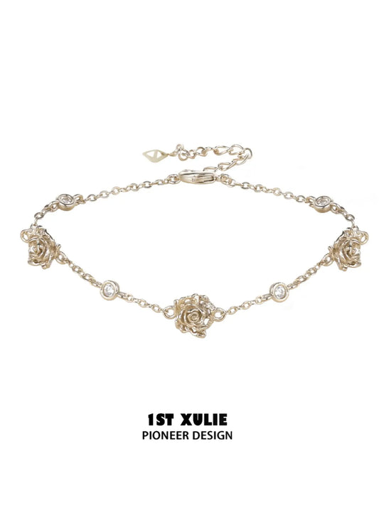 1ST XULIE Jewelry "Lace Rose" Victorian Floral Zirconia Bracelet in Light Gold - Product View