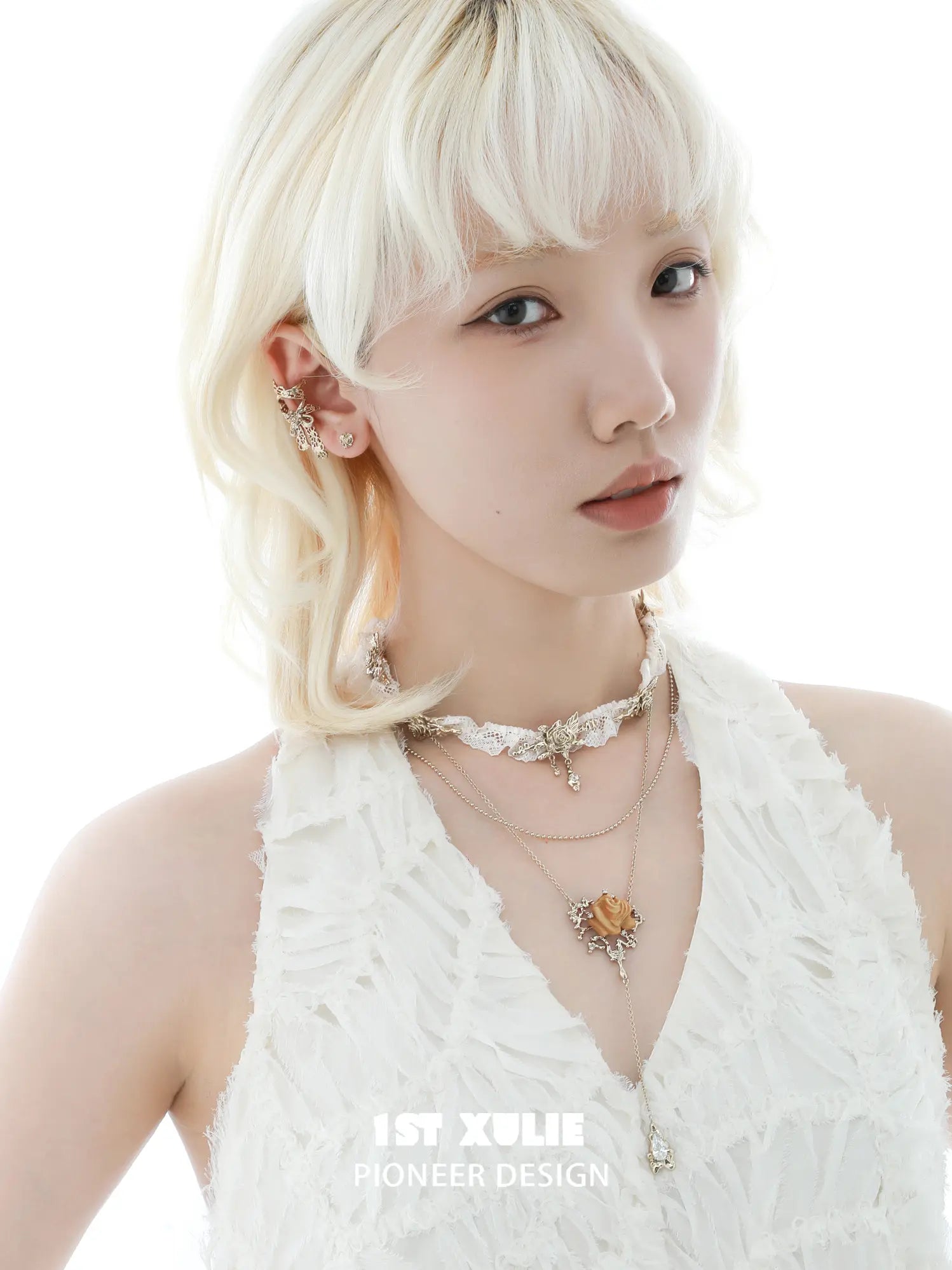 1ST XULIE Jewelry "Lace Rose" Victorian Lace Floral Necklace in 18K Gold Plated Brass - Angle View 2