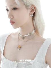 1ST XULIE Jewelry "Lace Rose" Victorian Lace Floral Necklace in 18K Gold Plated Brass - Detail Shot