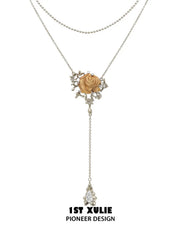 1ST XULIE Jewelry "Lace Rose" Victorian Lace Floral Necklace in 18K Gold Plated Brass - On Model Close Up