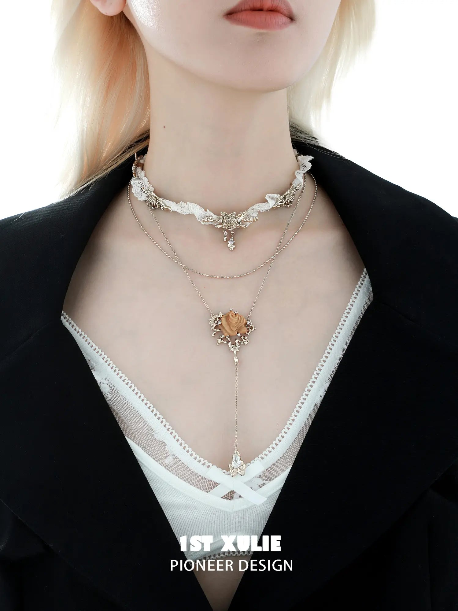 1ST XULIE Jewelry "Lace Rose" Victorian Lace Floral Necklace in 18K Gold Plated Brass - Side View