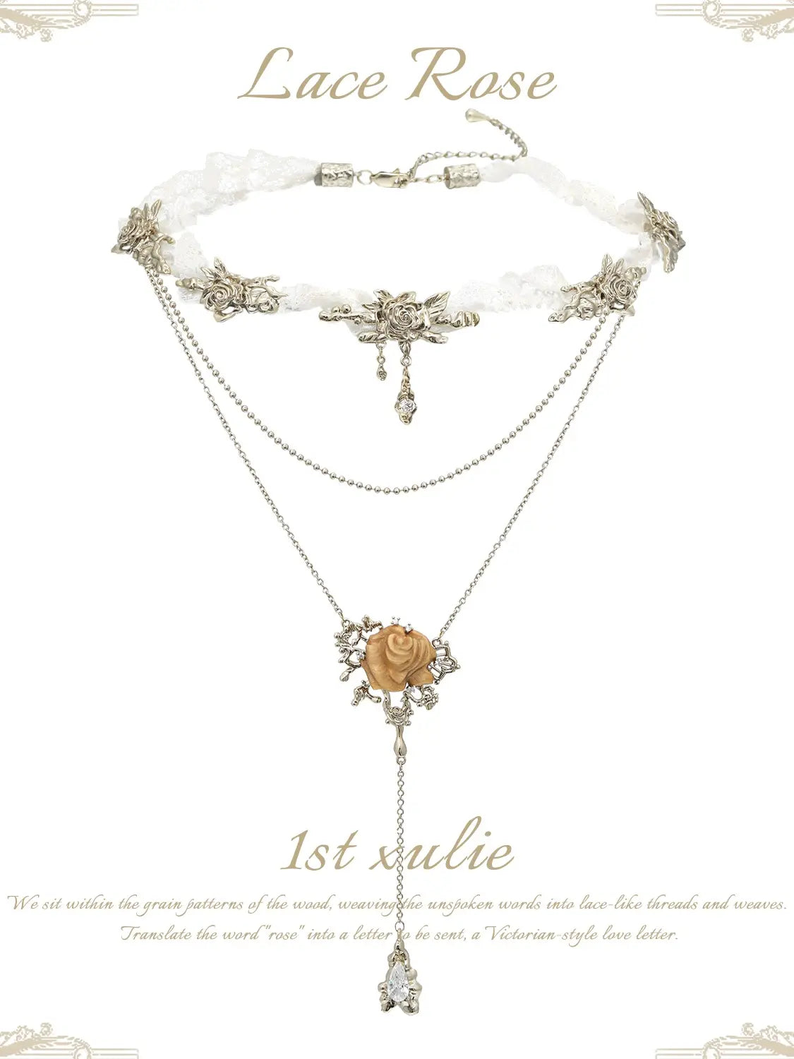 1ST XULIE Jewelry "Lace Rose" Victorian Lace Floral Necklace in 18K Gold Plated Brass - Texture Details