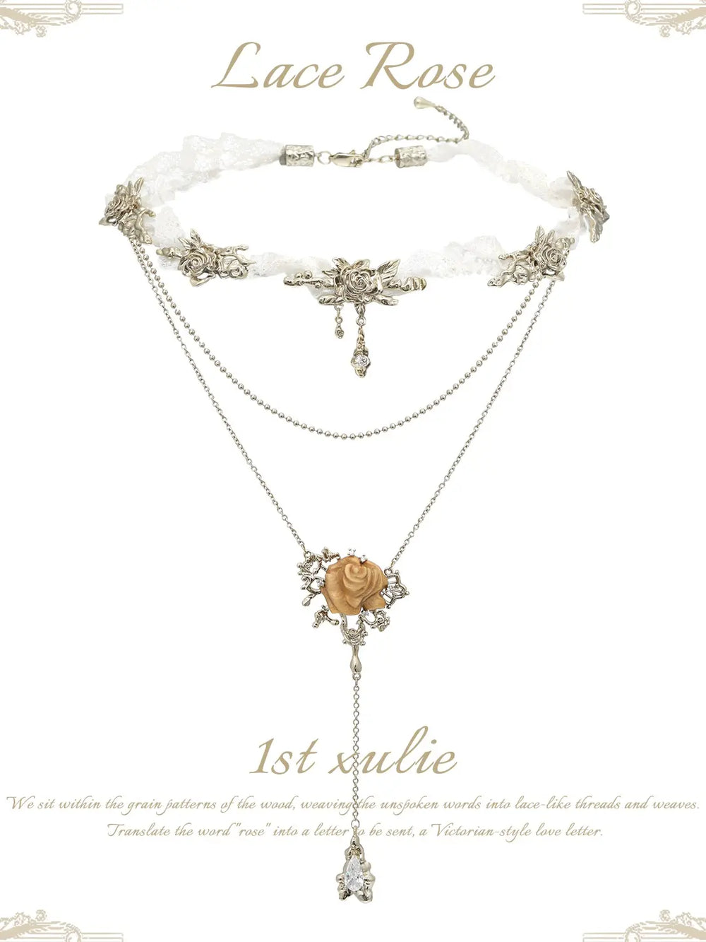 1ST XULIE Jewelry "Lace Rose" Victorian Lace Floral Necklace in 18K Gold Plated Brass - Texture Details