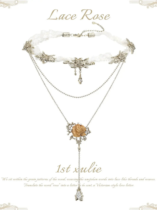 1ST XULIE Jewelry "Lace Rose" Victorian Lace Floral Necklace in 18K Gold Plated Brass - Texture Details