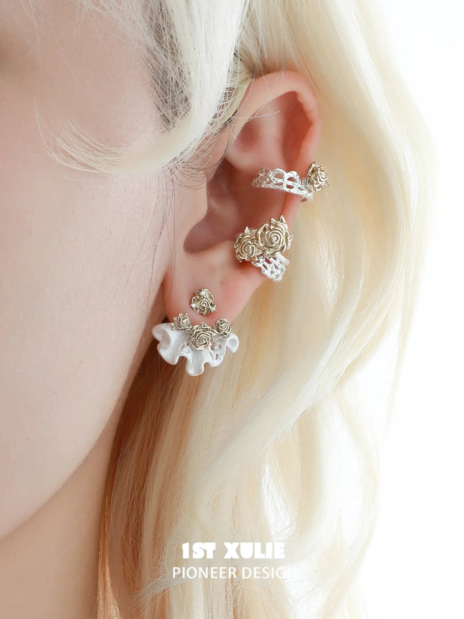 1ST XULIE Jewelry "Lace Rose" Vintage Two-Tone Victorian Rose Ear Cuffs in Light Gold Plated Brass - Alternate Angle