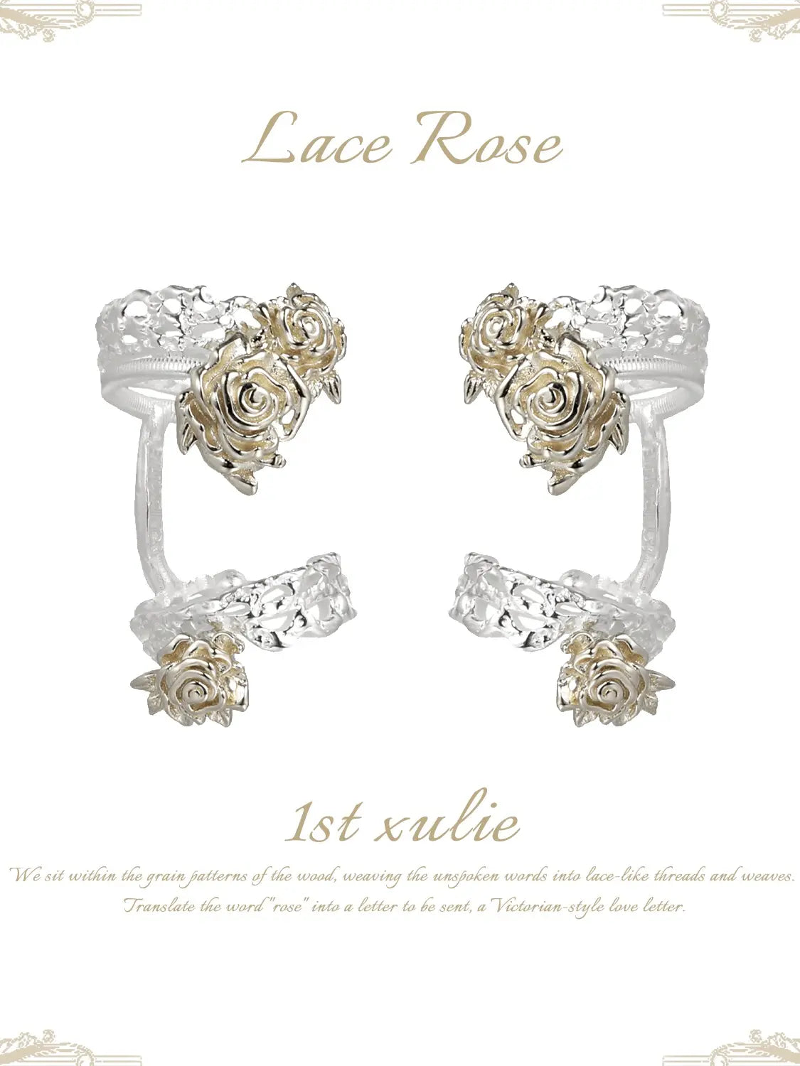 1ST XULIE Jewelry "Lace Rose" Vintage Two-Tone Victorian Rose Ear Cuffs in Light Gold Plated Brass - Back View