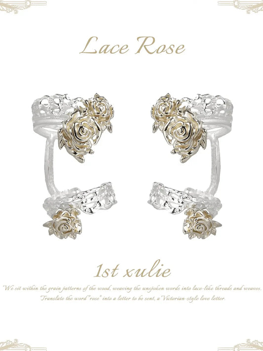 1ST XULIE Jewelry "Lace Rose" Vintage Two-Tone Victorian Rose Ear Cuffs in Light Gold Plated Brass - Back View