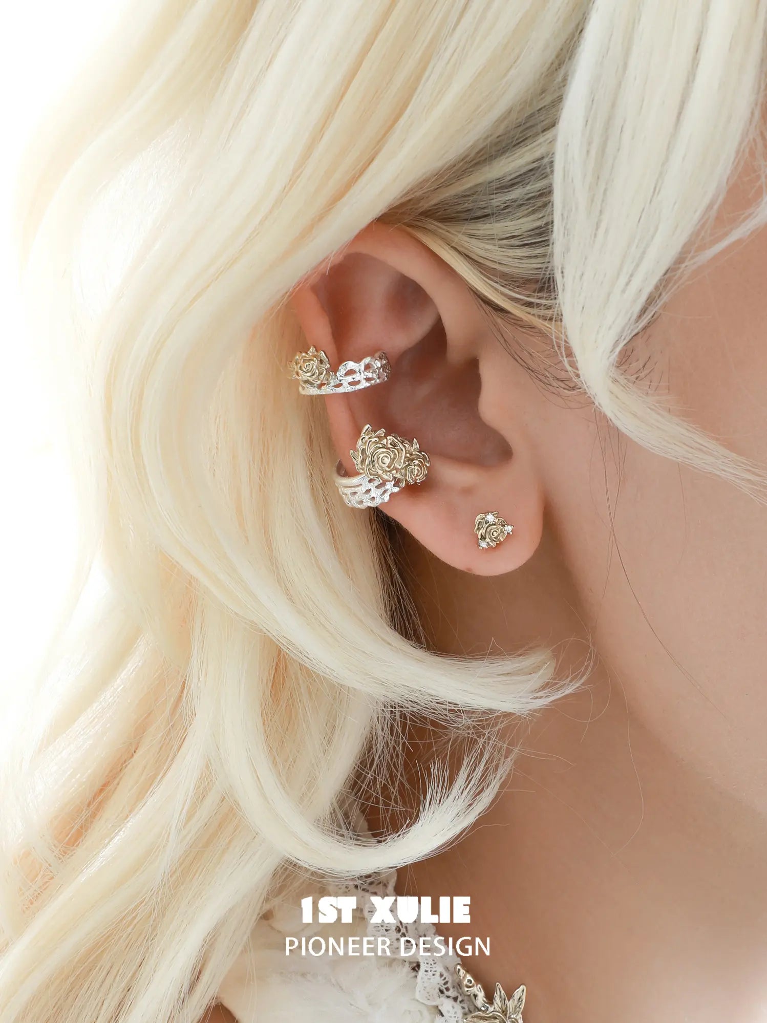 1ST XULIE Jewelry "Lace Rose" Vintage Two-Tone Victorian Rose Ear Cuffs in Light Gold Plated Brass - Detail Shot
