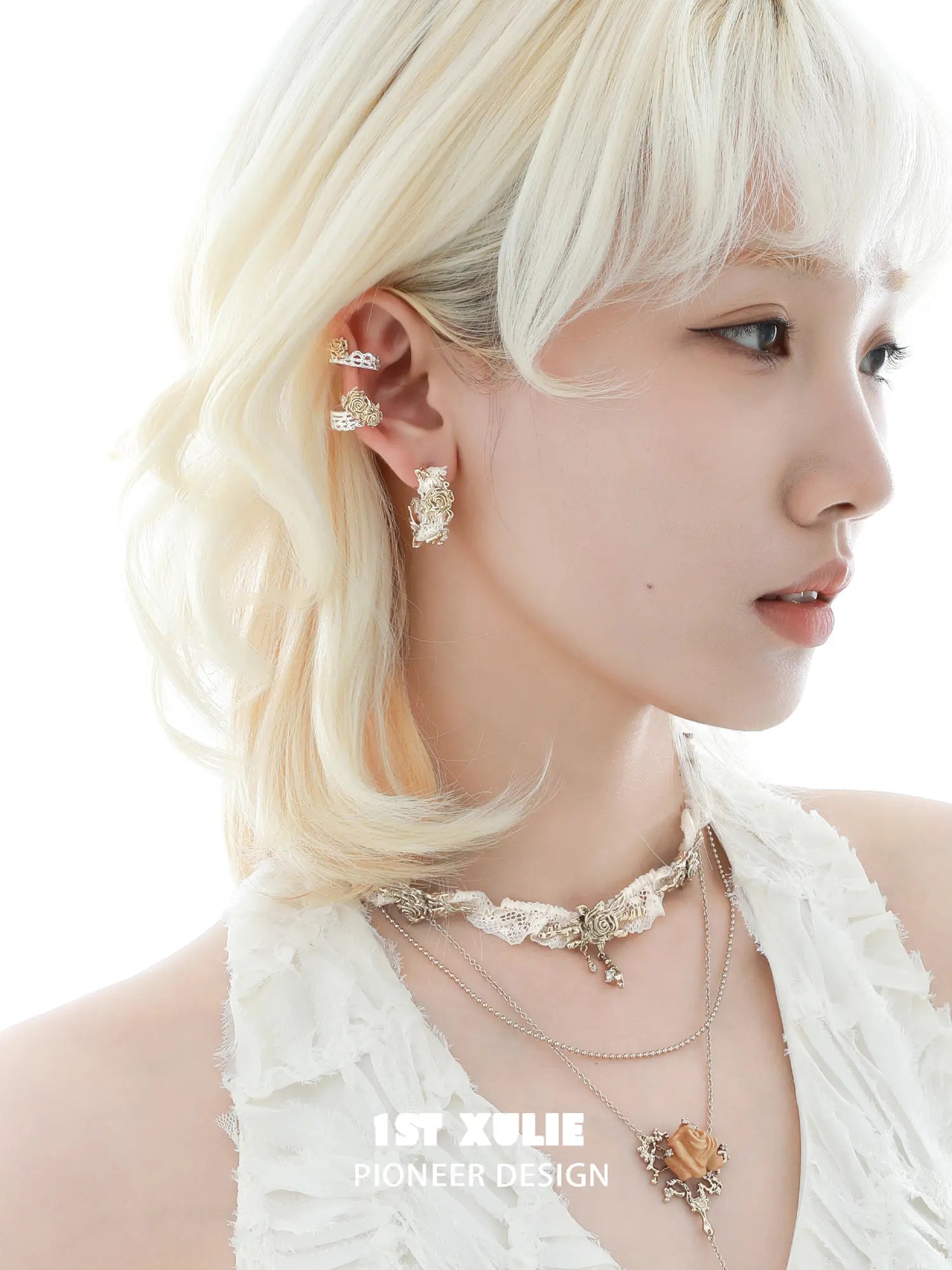 1ST XULIE Jewelry "Lace Rose" Vintage Two-Tone Victorian Rose Ear Cuffs in Light Gold Plated Brass - On Model