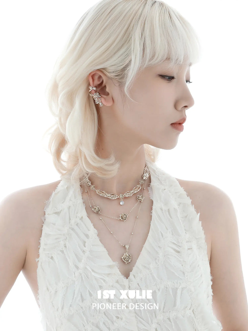 1ST XULIE Jewelry "Lace Rose" Victorian Rose Pendant Necklace in Light Gold - Angle 1