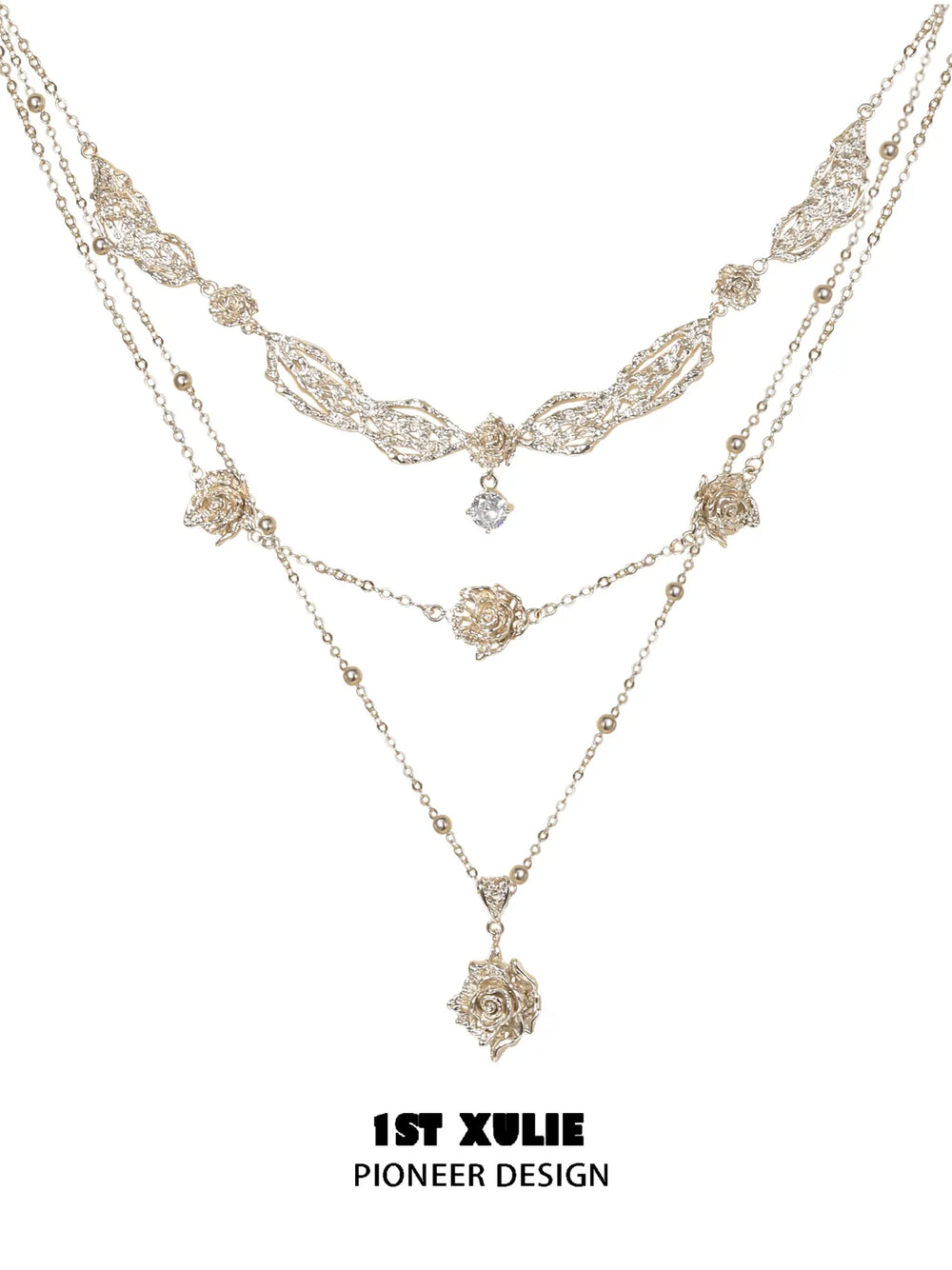 1ST XULIE Jewelry "Lace Rose" Victorian Rose Pendant Necklace in Light Gold - Back View