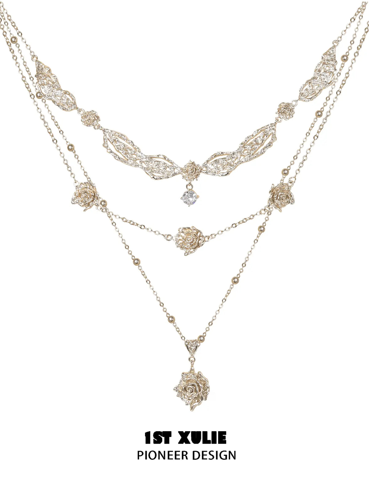 1ST XULIE Jewelry "Lace Rose" Victorian Rose Pendant Necklace in Light Gold - Back View
