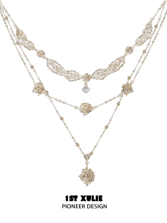 1ST XULIE Jewelry "Lace Rose" Victorian Rose Pendant Necklace in Light Gold - Back View
