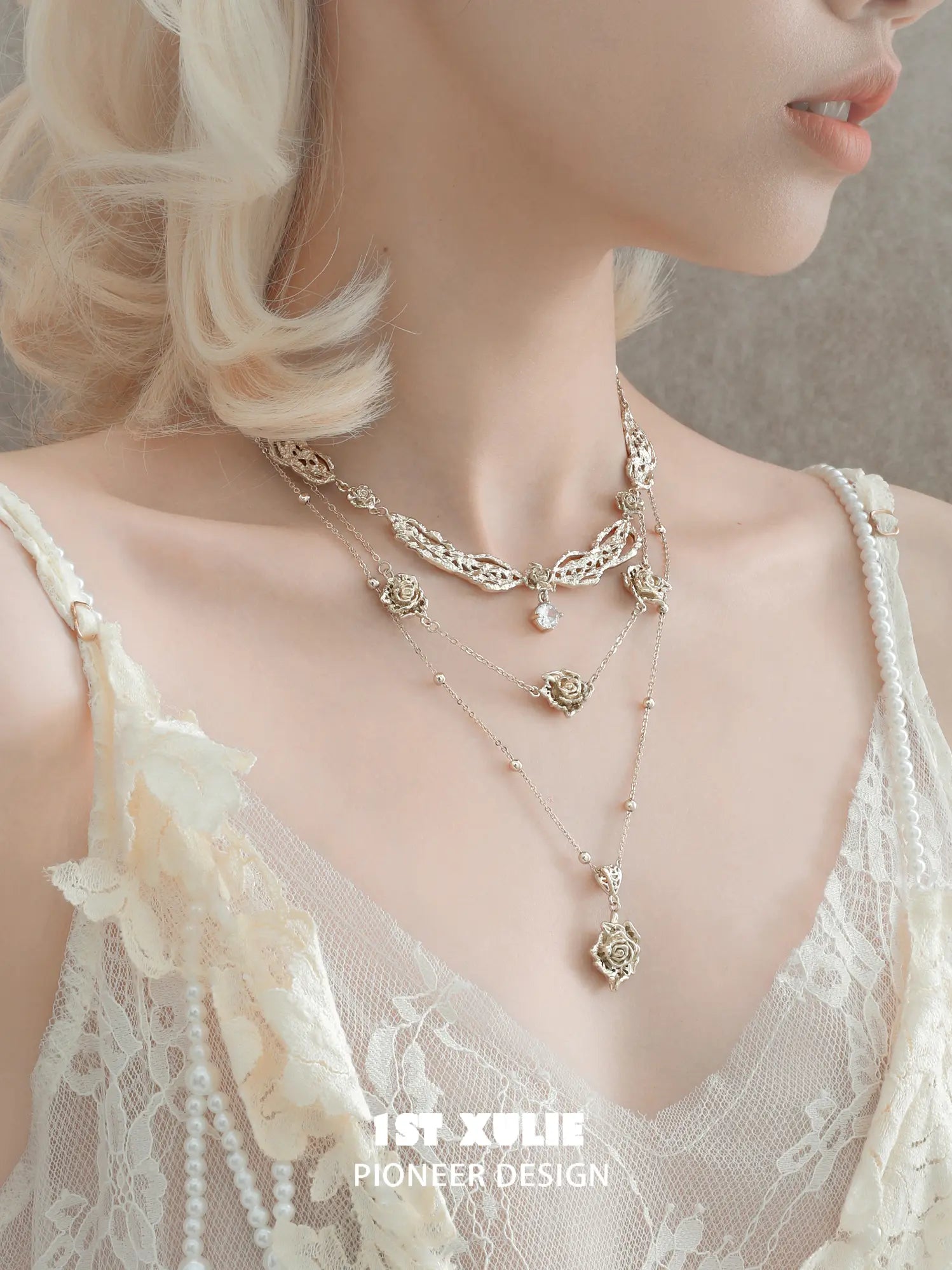 1ST XULIE Jewelry "Lace Rose" Victorian Rose Pendant Necklace in Light Gold - Product View