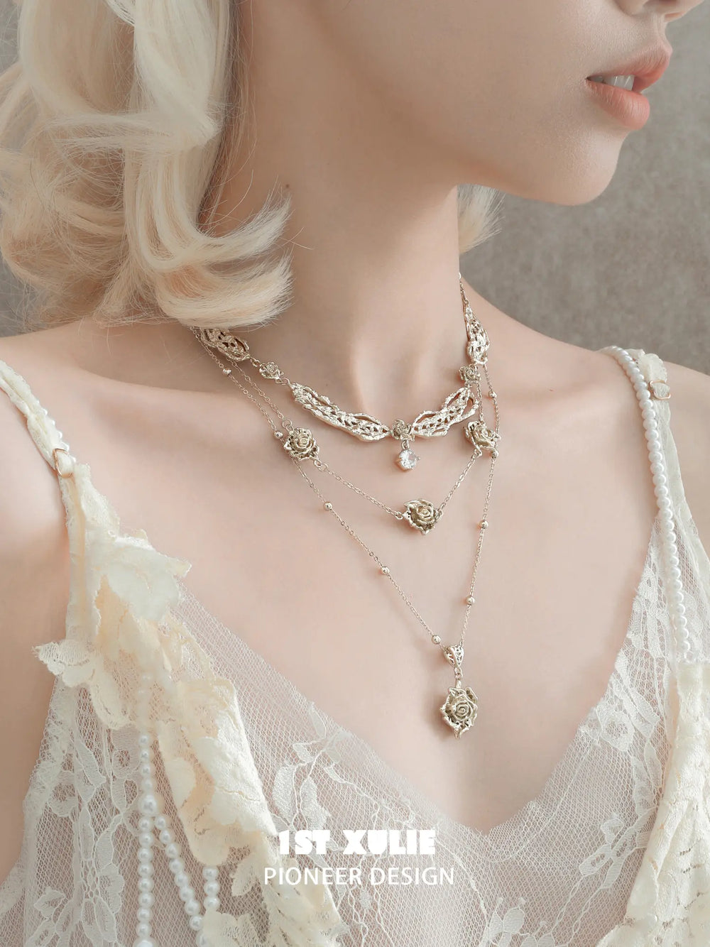 1ST XULIE Jewelry "Lace Rose" Victorian Rose Pendant Necklace in Light Gold - Product View