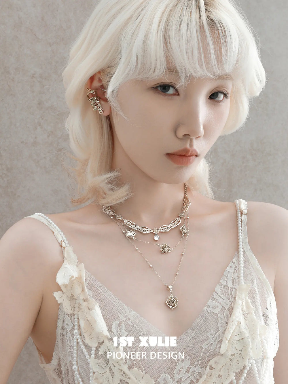 1ST XULIE Jewelry "Lace Rose" Victorian Rose Pendant Necklace in Light Gold - On Model