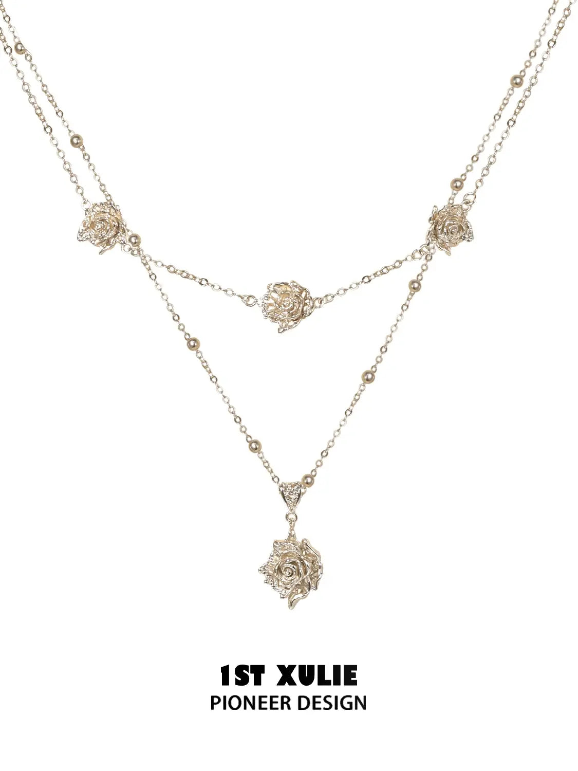 1ST XULIE Jewelry "Lace Rose" Victorian Rose Pendant Necklace in Light Gold - On Model Close Up