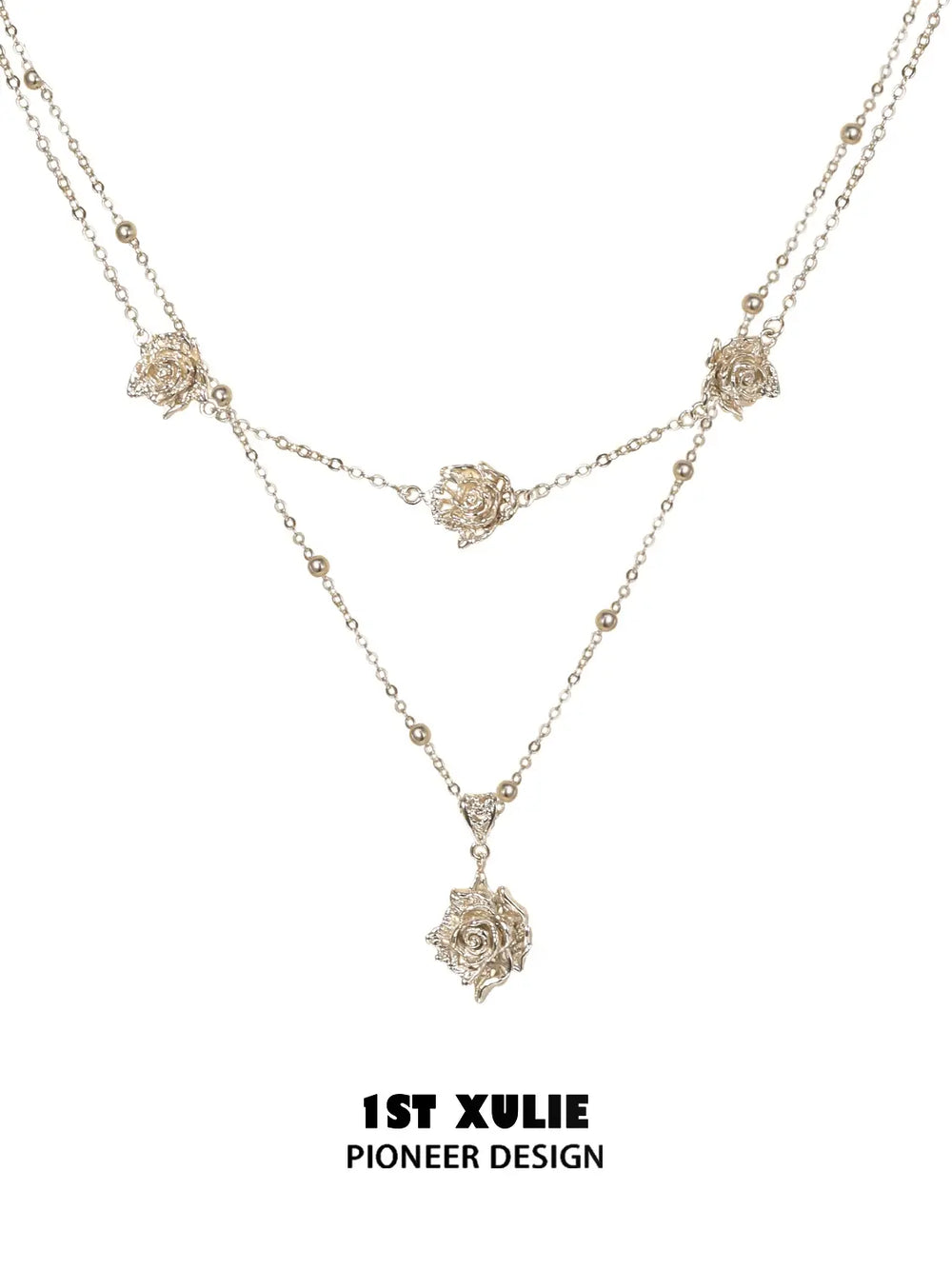 1ST XULIE Jewelry "Lace Rose" Victorian Rose Pendant Necklace in Light Gold - On Model Close Up