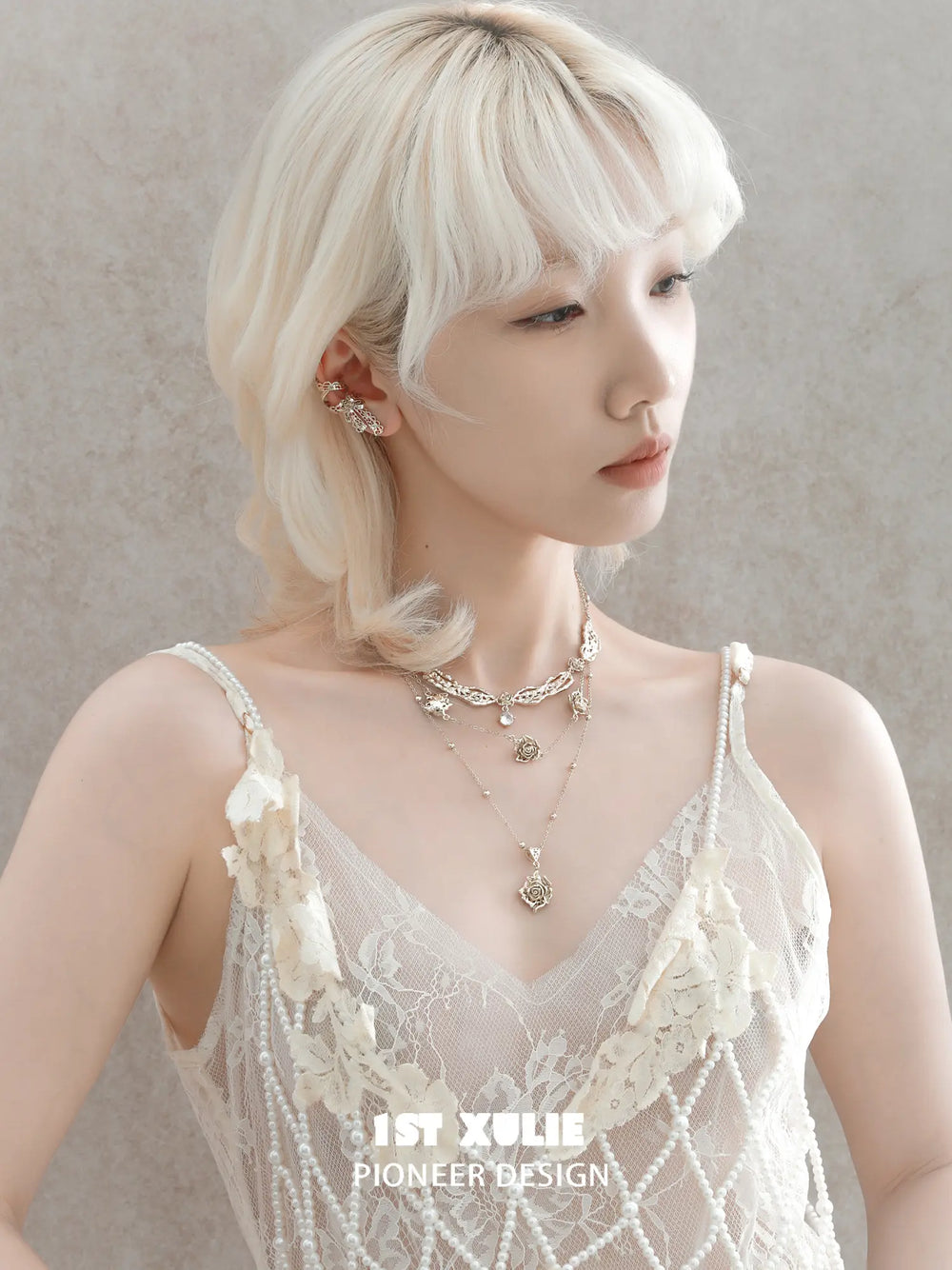 1ST XULIE Jewelry "Lace Rose" Victorian Rose Pendant Necklace in Light Gold - Side View