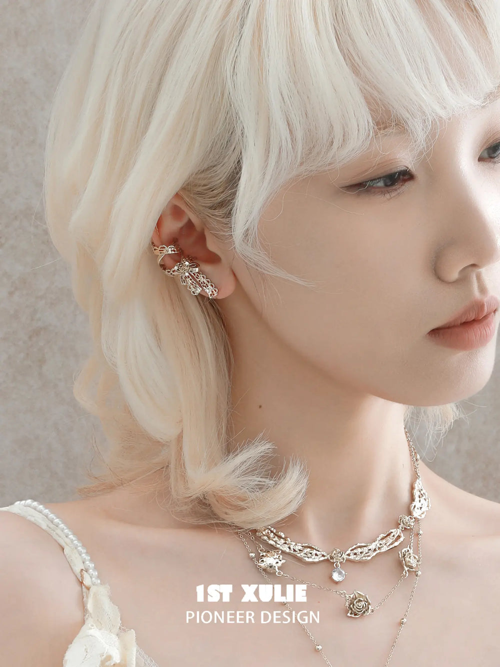 1ST XULIE Jewelry "Lace Rose" Victorian Rose Pendant Necklace in Light Gold - Texture Close Up