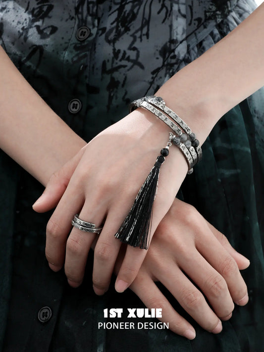 1ST XULIE Jewelry "MONOLOGUES" Vintage Chinoiserie Tassel Bangle in Antique Silver Plated - Detail Shot
