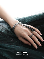 1ST XULIE Jewelry "MONOLOGUES" Vintage Chinoiserie Tassel Bangle in Antique Silver Plated - On Model