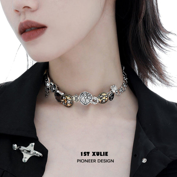 "Starfall" 18K Gold Plated Vintage Coin Pendant Choker, Statement Necklace