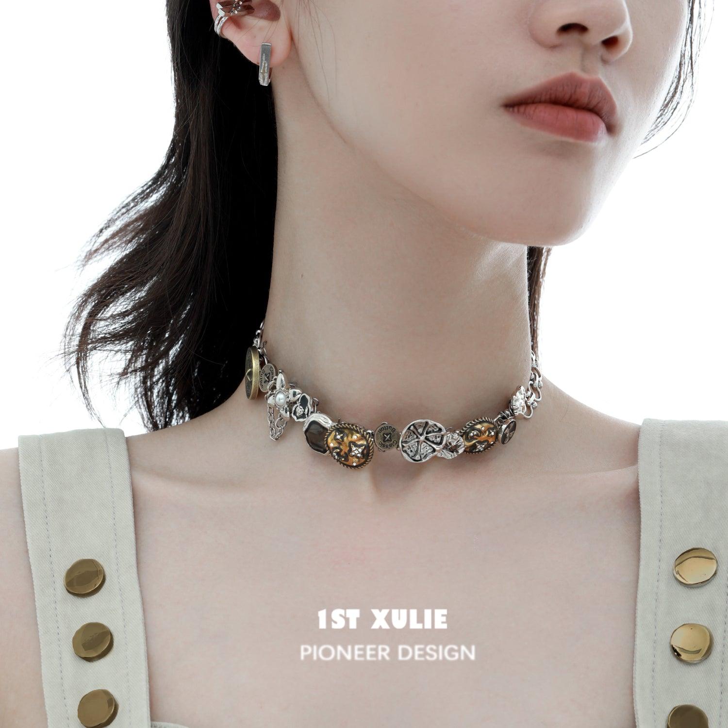 1ST XULIE "Starfall" Vintage Coin Pendant Choker in 18K Gold and Rhodium Plated - On Model