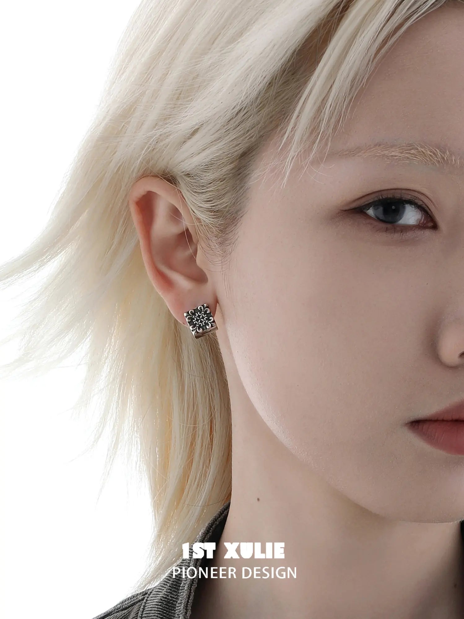 1ST XULIE Jewelry "Irises" Vintage Cross Huggie Hoop Earrings in Rhodium Plated Brass - Angle 1