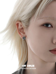 1ST XULIE Jewelry "Irises" Vintage Cross Huggie Hoop Earrings in Rhodium Plated Brass - Angle 1