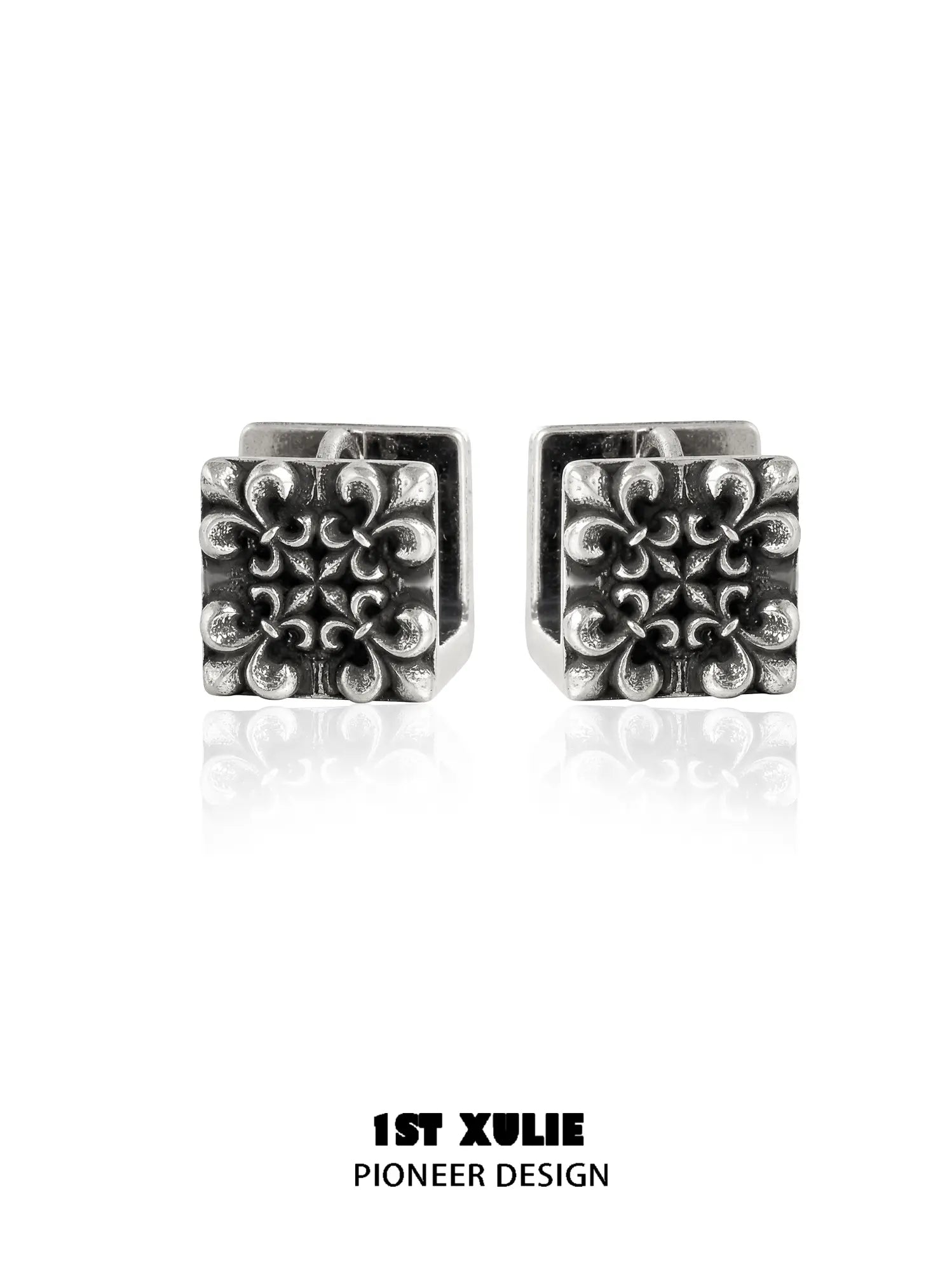 1ST XULIE Jewelry "Irises" Vintage Cross Huggie Hoop Earrings in Rhodium Plated Brass - Angle 2