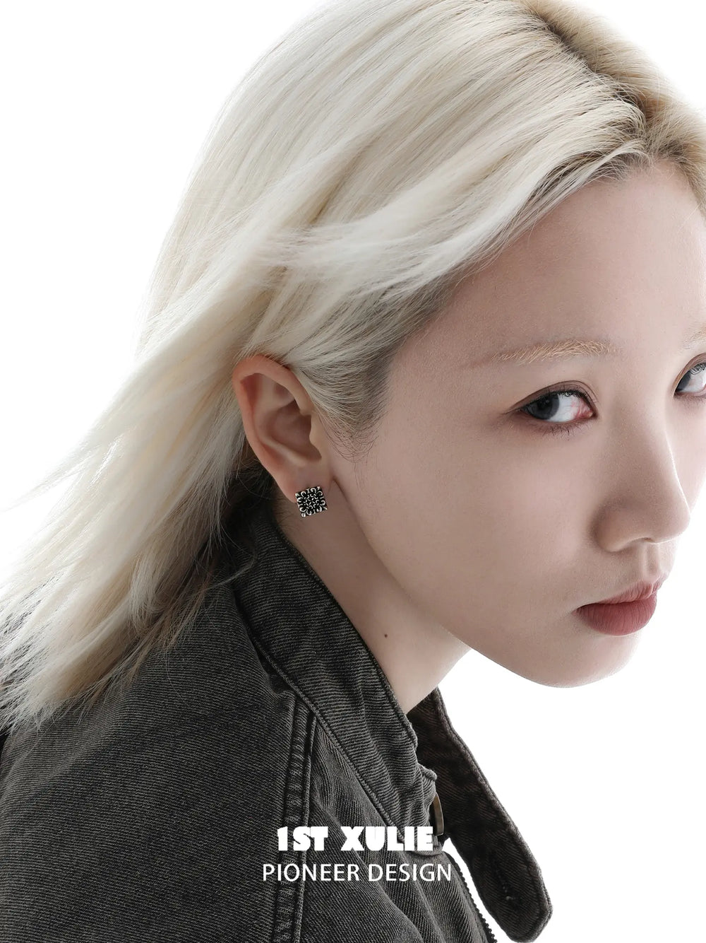 1ST XULIE Jewelry "Irises" Vintage Cross Huggie Hoop Earrings in Rhodium Plated Brass - Detail Shot