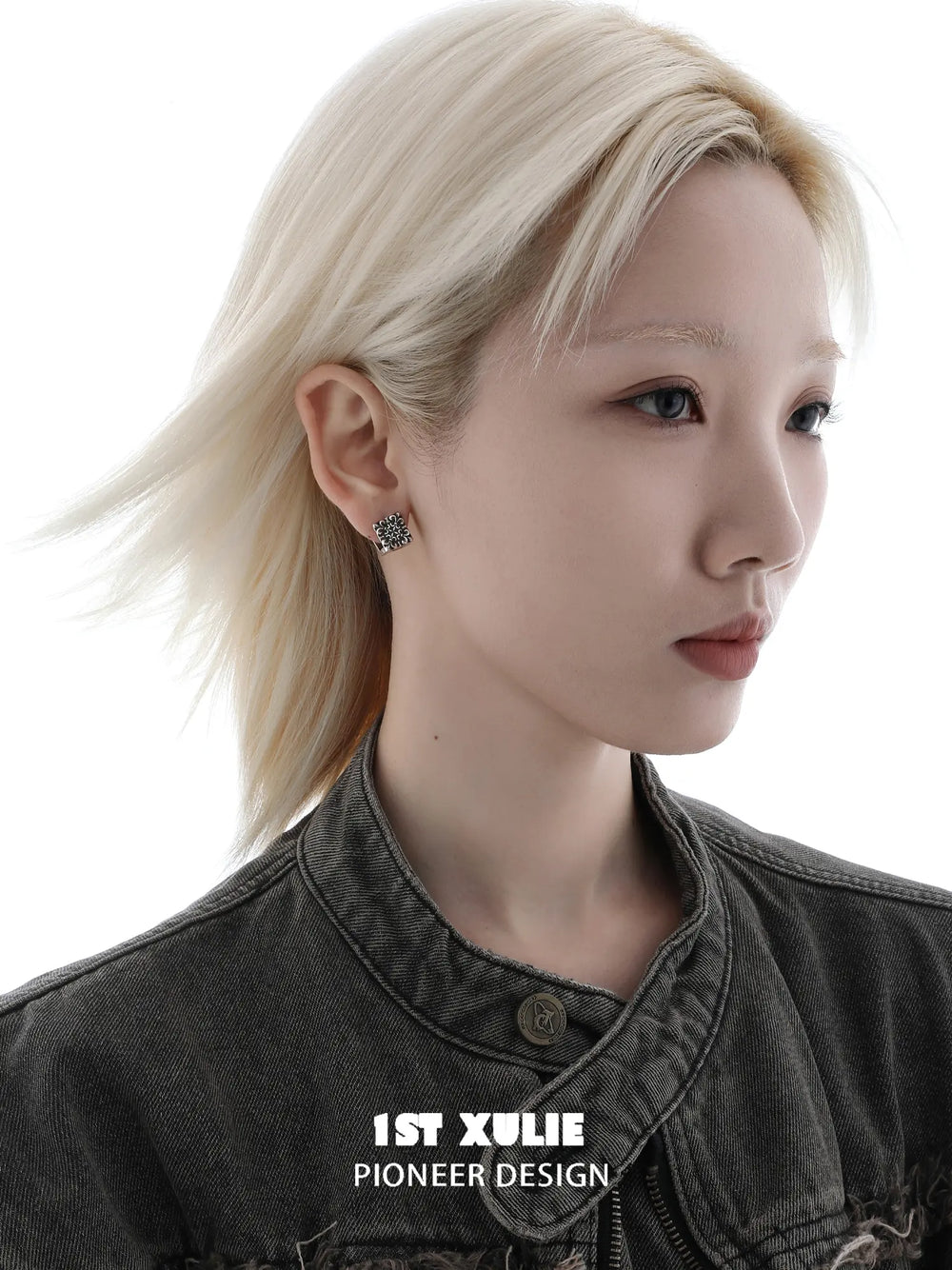 1ST XULIE Jewelry "Irises" Vintage Cross Huggie Hoop Earrings in Rhodium Plated Brass - On Model