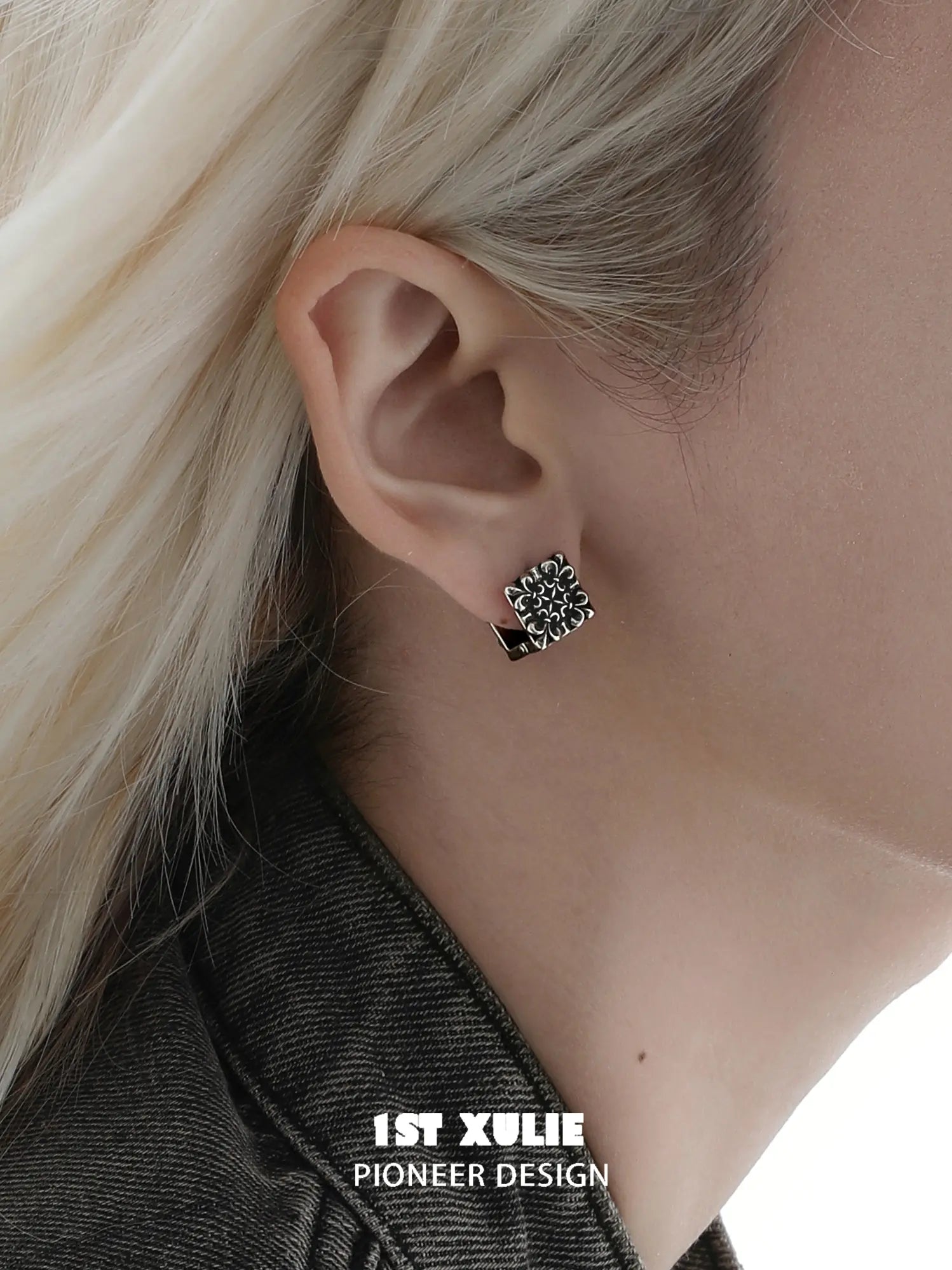 1ST XULIE Jewelry "Irises" Vintage Cross Huggie Hoop Earrings in Rhodium Plated Brass - Side View