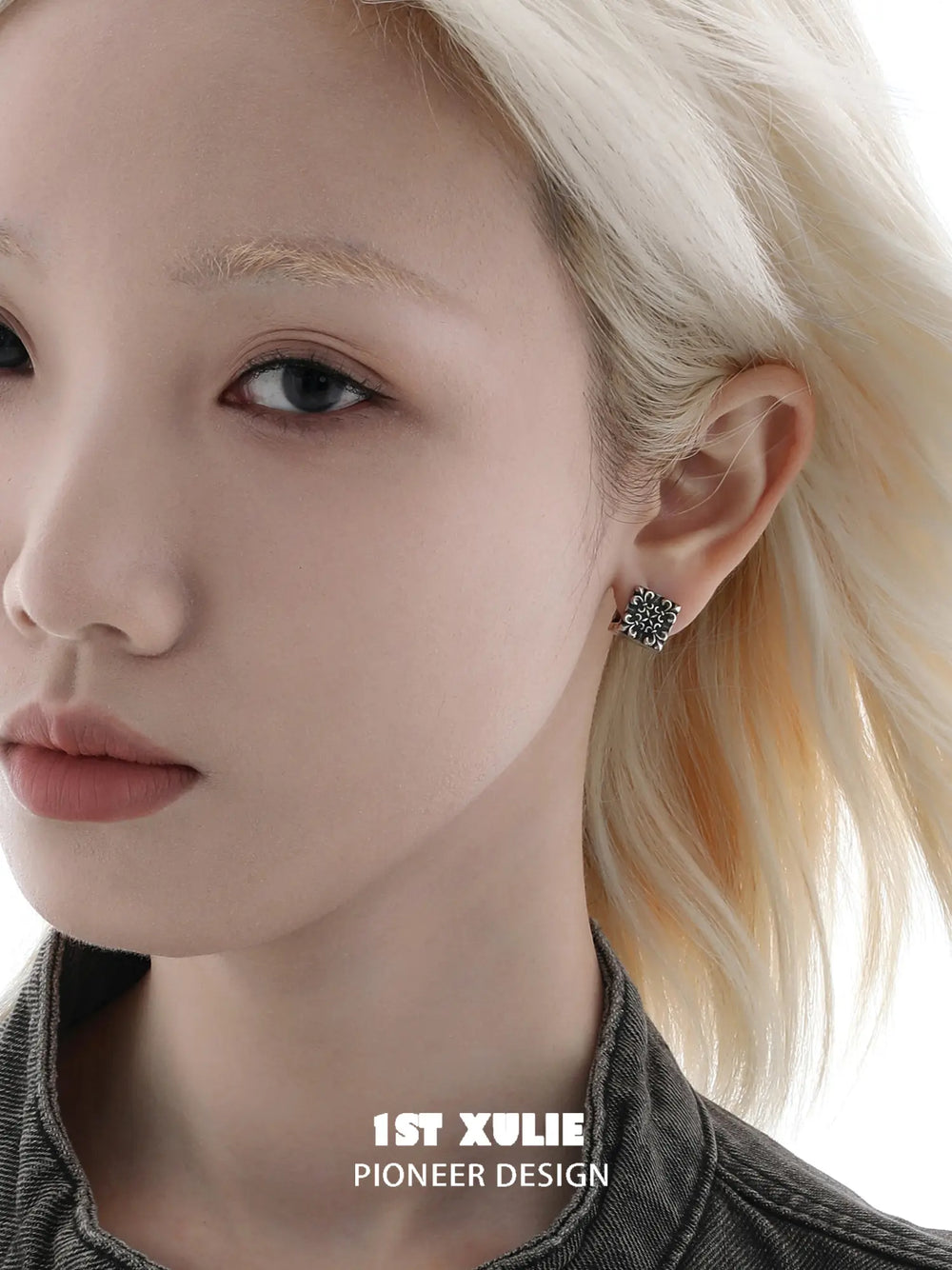 1ST XULIE Jewelry "Irises" Vintage Cross Huggie Hoop Earrings in Rhodium Plated Brass - Texture