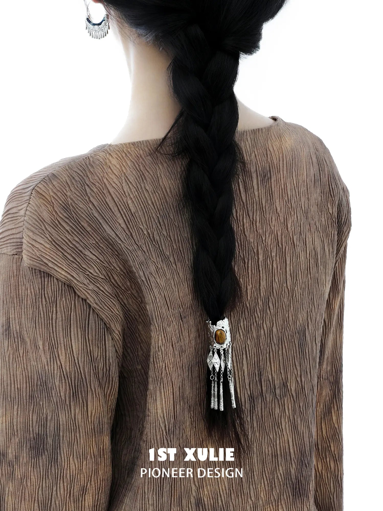 1ST XULIE Jewelry "MIAO" Vintage Ethnic Gemstone Hair Clip in Platinum Plated - Alternate Angle