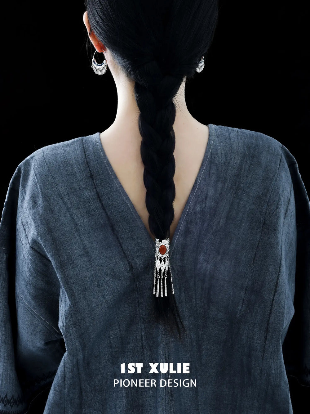 1ST XULIE Jewelry "MIAO" Vintage Ethnic Gemstone Hair Clip in Platinum Plated - Detail Shot