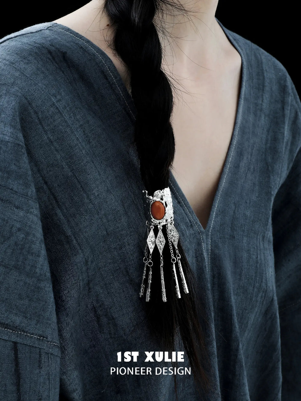 1ST XULIE Jewelry "MIAO" Vintage Ethnic Gemstone Hair Clip in Platinum Plated - Product View