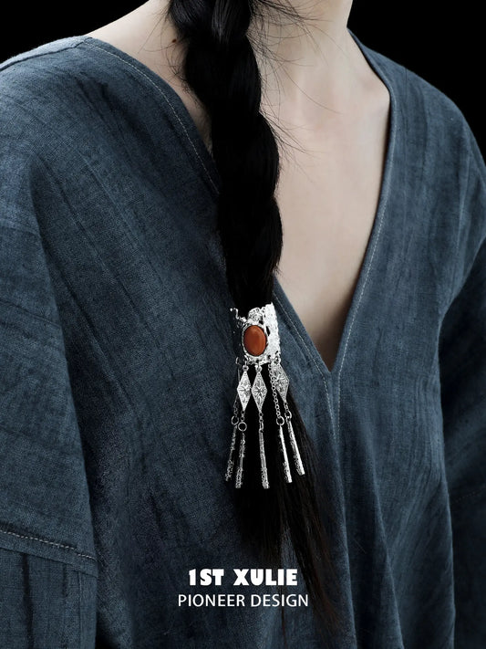 1ST XULIE Jewelry "MIAO" Vintage Ethnic Gemstone Hair Clip in Platinum Plated - Product View