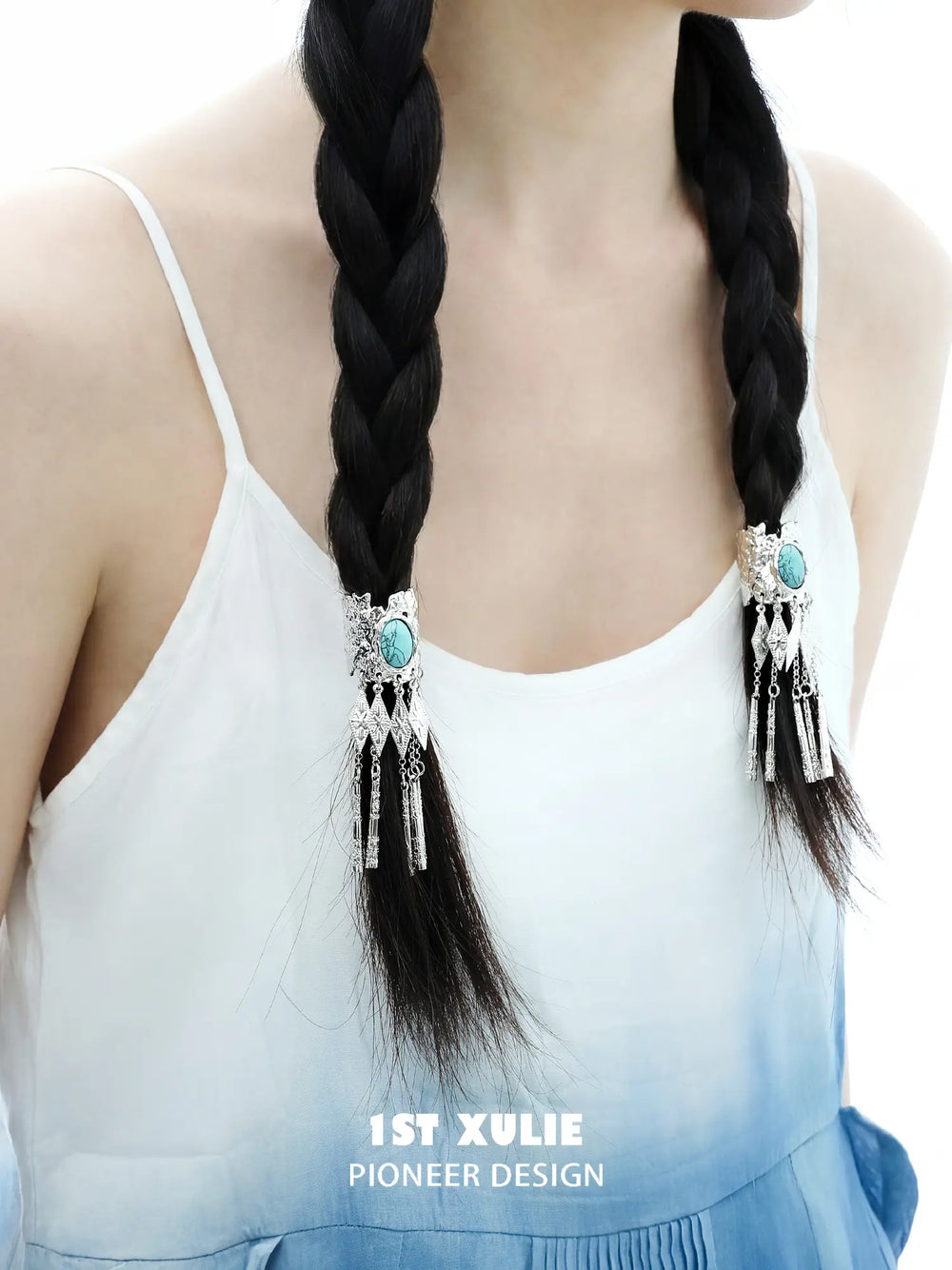 1ST XULIE Jewelry "MIAO" Vintage Ethnic Gemstone Hair Clip in Platinum Plated - On Model Close Up